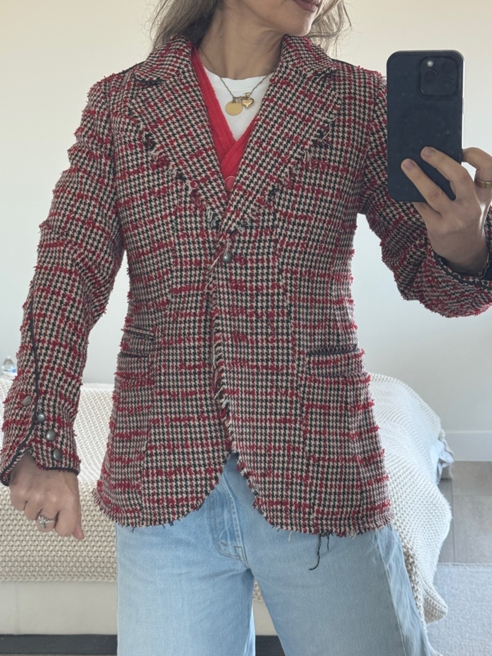 Free People Red and Black Houndstooth Tweed Blazer